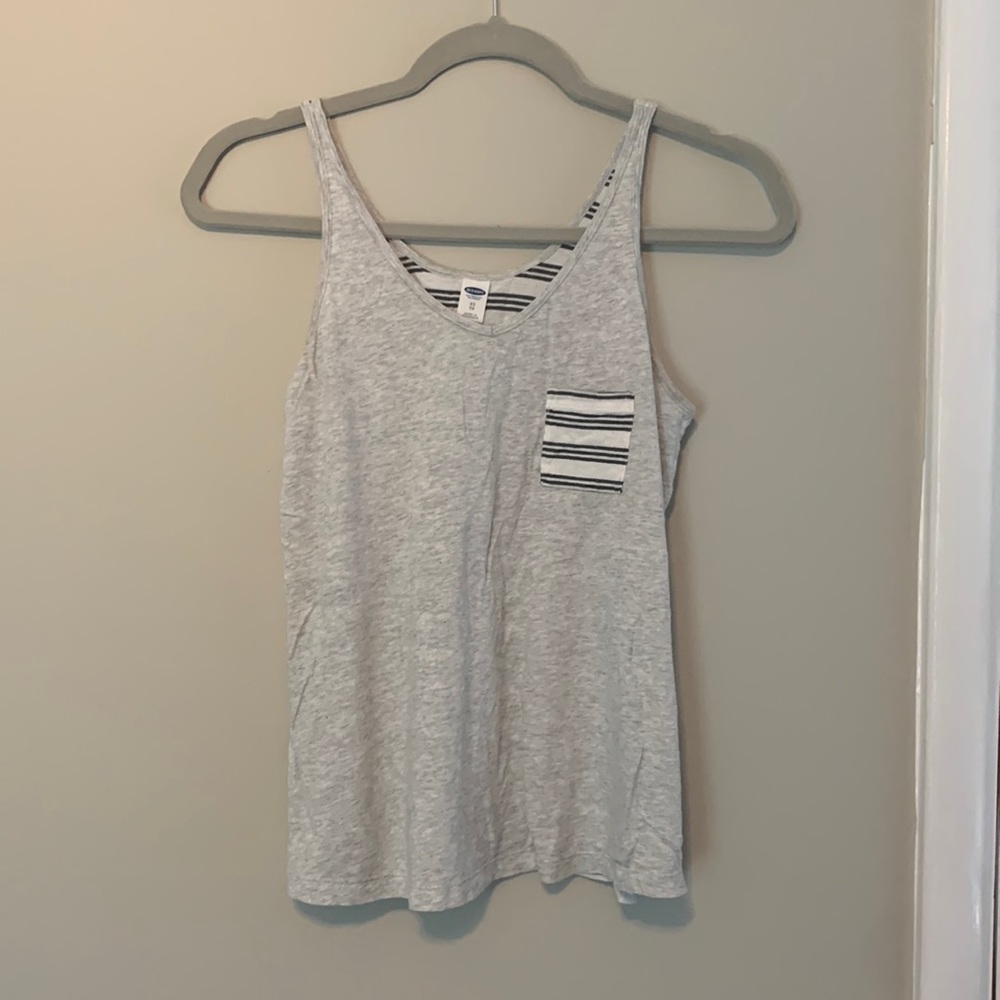 Old Navy Knit Gray, Black and White Stripe Pocket Tank